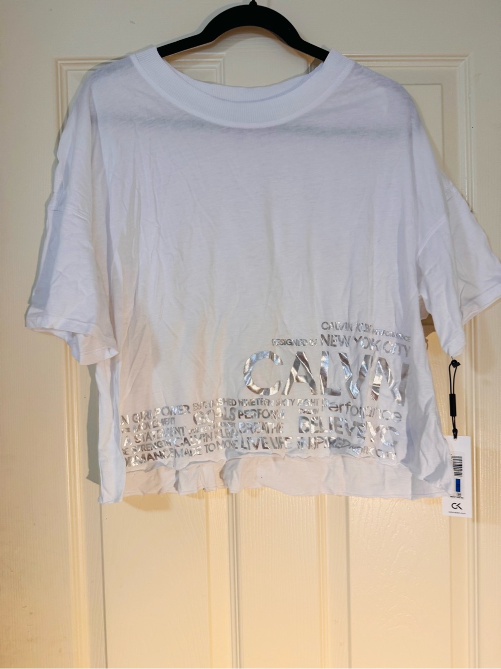 Calvin Klein White Cropped Tee with Silver Foil Logo XL